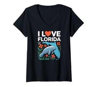 Donna I Love Florida Manatee Mappa Fiori Maglietta con Collo a V