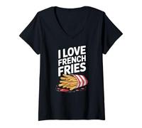 Donna I Love French Fries Foodie Fun Snack Amanti Maglietta con Collo a V