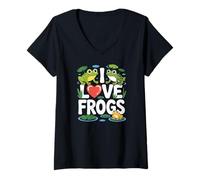 Donna I Love Frogs Heart Lily Pad Pond Life Maglietta con Collo a V