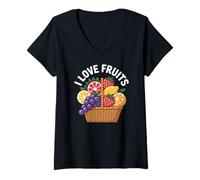 Donna I Love Fruits Cesto Uva Agrumi Bacche Maglietta con Collo a V