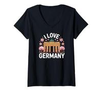 Donna I Love Germany Porta di Brandeburgo Sakura Art Maglietta con Collo a V