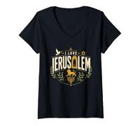 Donna I Love Gerusalemme Israele Ebraica Ebraica Art Maglietta con Collo a V