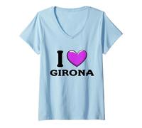 Donna I Love Girona Spagna Maglietta con Collo a V