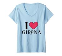Donna I Love Girona Spagna Maglietta con Collo a V