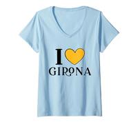 Donna I Love Girona Spagna Maglietta con Collo a V