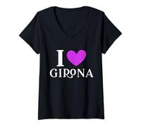 Donna I Love Girona Spagna Maglietta con Collo a V
