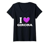 Donna I Love Girona Spagna Maglietta con Collo a V
