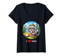 Donna I Love Hiking Raccoon BBQ Nature Camping Outdoor Maglietta con Collo a V