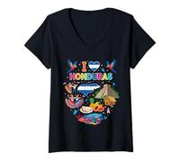 Donna I Love Honduras Luoghi di Interesse Bandiera Vacanza Maglietta con Collo a V