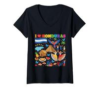 Donna I Love Honduras Luoghi di Interesse Bandiera Vacanza Maglietta con Collo a V
