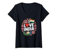 Donna I Love India Bandiera Cuore Pavone Taj Mahal Maglietta con Collo a V