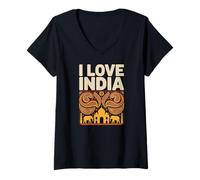Donna I Love India Cultural Paisley Elefante Taj Mahal Maglietta con Collo a V