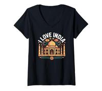 Donna I Love India Taj Mahal Arte Floreale Maglietta con Collo a V