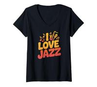 Donna I Love Jazz Note Musicali Sassofono Maglietta con Collo a V