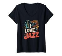 Donna I Love Jazz Saxophone Note Musicali Fun Maglietta con Collo a V