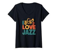 Donna I Love Jazz Saxophone Tromba Microfono Maglietta con Collo a V