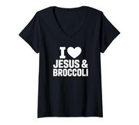 Donna I Love Jesus & Broccoli Divertente Cristiano Vegetariano Maglietta con Collo a V