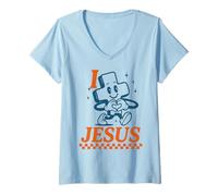 Donna I Love Jesus Carino Retro Fede Croce Cristiana Maglietta con Collo a V