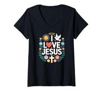 Donna I Love Jesus Colomba Sole Croce Arte Floreale Maglietta con Collo a V