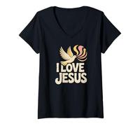 Donna I Love Jesus Dove Religione Fede Spirituale Maglietta con Collo a V