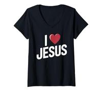 Donna I Love Jesus Espressione Fede Cristiana Religiosa Maglietta con Collo a V