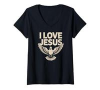 Donna I Love Jesus Fede Spirituale Colomba Maglietta con Collo a V