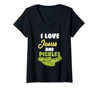 Donna I Love Jesus & Pickles - Amante dei sottaceti Vegetariani Religiosi Maglietta con Collo a V