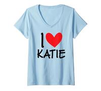 Donna I Love Katie Nome Personalizzato Ragazza Donna BFF Amico Cuore Maglietta con Collo a V
