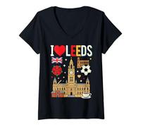 Donna I Love Leeds Regno Unito Maglietta con Collo a V