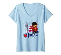 Donna I Love London, London UK Teddy Bear Sketch Drawing Skyline Maglietta con Collo a V