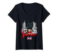 Donna I Love London UK, Cool London Vibes Illustration Graphic Maglietta con Collo a V