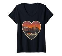 Donna I Love Los Angeles Heart LA Hollywood Sign Tramonto Souvenir Maglietta con Collo a V