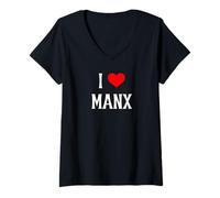 Donna I Love Manx I Heart Manx Amante dei gatti Senza coda Gatto Felino Pet Maglietta con Collo a V