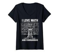 Donna I Love Math And Chihuahua Divertente Cane Matematica Grafica Maglietta con Collo a V