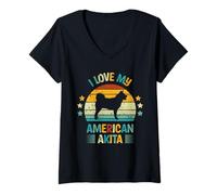 Donna I Love My American Akita - Silhouette Vintage retrò di Cane Maglietta con Collo a V