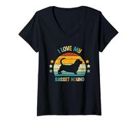 Donna I Love My Basset Hound - Retro Sunset Silhouette Dog Lover Maglietta con Collo a V