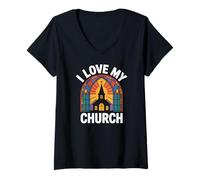 Donna I Love My Church - Finestra in Vetro colorato Maglietta con Collo a V