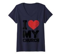 Donna I Love My Church Messaggio edificante della Chiesa Maglietta con Collo a V