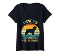 Donna I Love My English Cocker Spaniel - Silhouette Retro Tramonto Maglietta con Collo a V