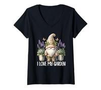Donna I Love My Garden Gnome Graphic Floral Lilac Lavender Flower Maglietta con Collo a V