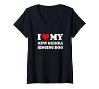 Donna I Love My New Guinea Singing Dog Cane Cuore Amore Maglietta con Collo a V