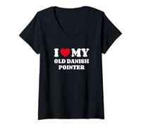 Donna I Love My Old Danish Pointer Cane Cuore Amore Maglietta con Collo a V