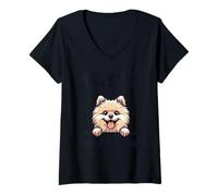 Donna I Love My Pomeranian - Carino cartone animato Happy Pom Maglietta con Collo a V
