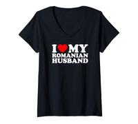 Donna I Love My Romanian Husband Maglietta con Collo a V