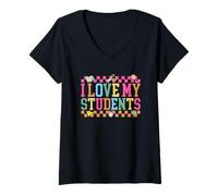 Donna I Love My Students Insegnante Passione Supporto Scolastico Maglietta con Collo a V