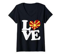 Donna I Love North Macedonia Bandiera Cuore Patriottico Viaggio Maglietta con Collo a V