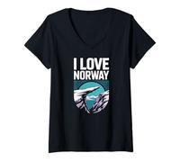 Donna I Love Norway Adventure Scenic Design Maglietta con Collo a V