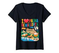 Donna I Love Palma De Mallorca Spagna Viaggio Souvenir Maglietta con Collo a V