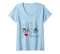 Donna I Love Paris Cityscape Hand Drawing Shirts, Paris Skyline Maglietta con Collo a V