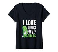 Donna I Love Pickles E Jesus Christian Cetriolo Amante Maglietta con Collo a V